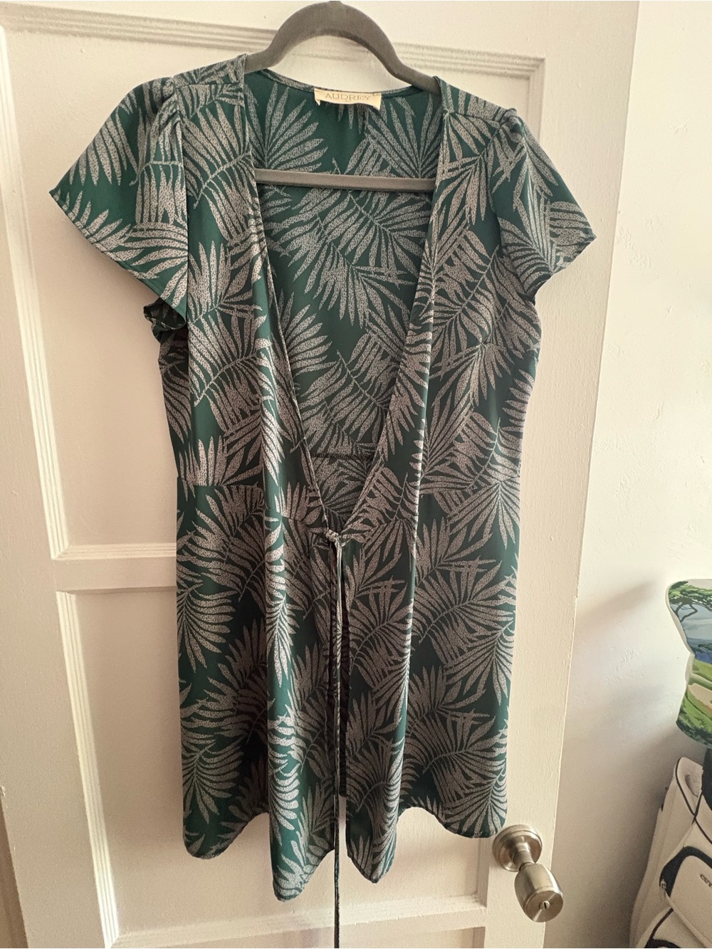 audrey Dark Green Palm-Print Wrap Dress